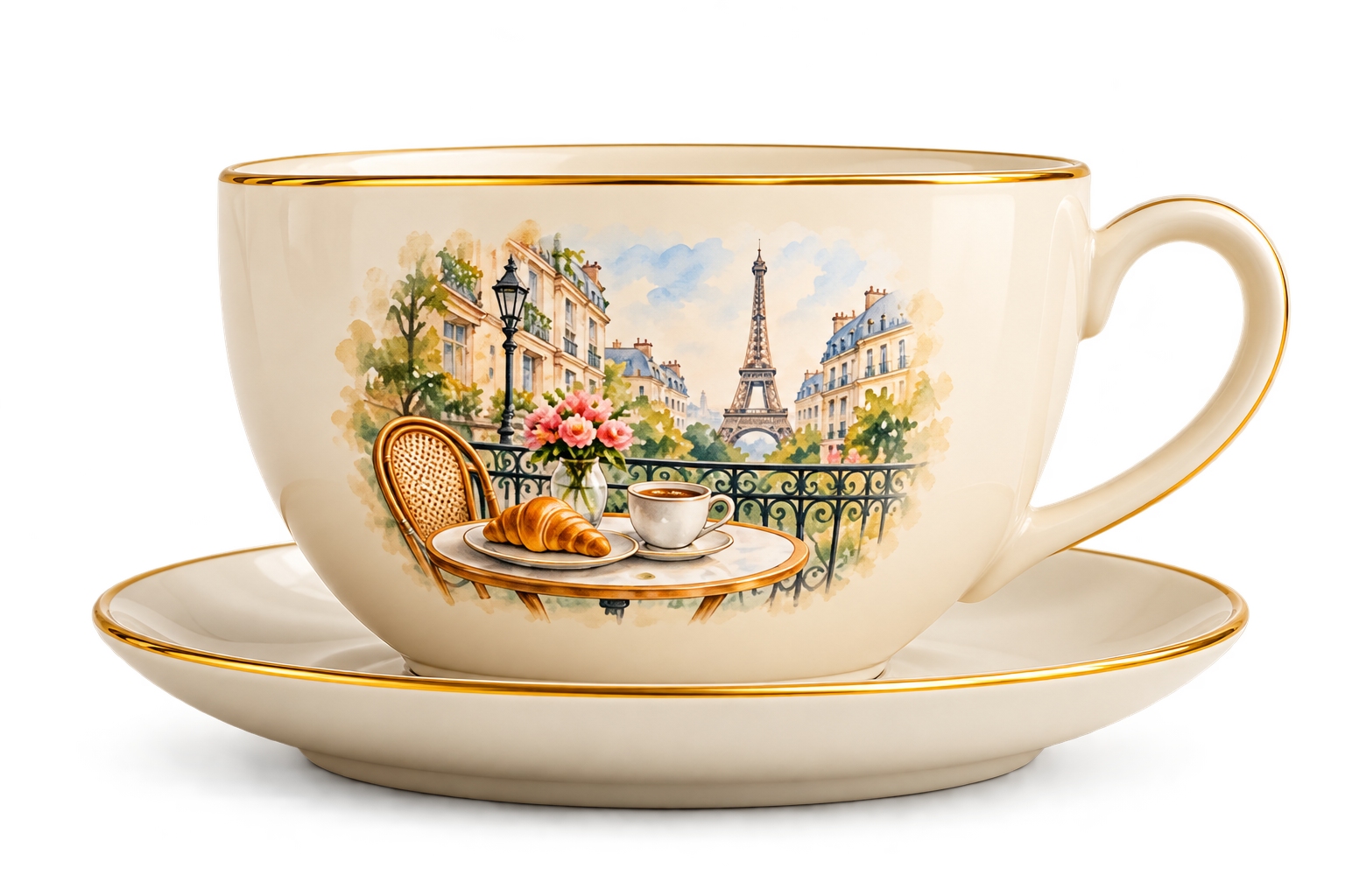 Breite beigefarbene Porzellantasse mit Unterteller und einem zarten Aquarell von einem Frühstück in Paris