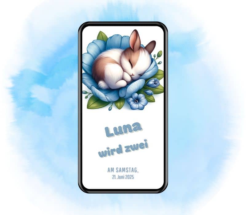 Einladung Kindergeburtstag Hase: Schlafender Hase und blaue Blumen; Originalmotiv, mit KI-Unterstützung gestaltet.