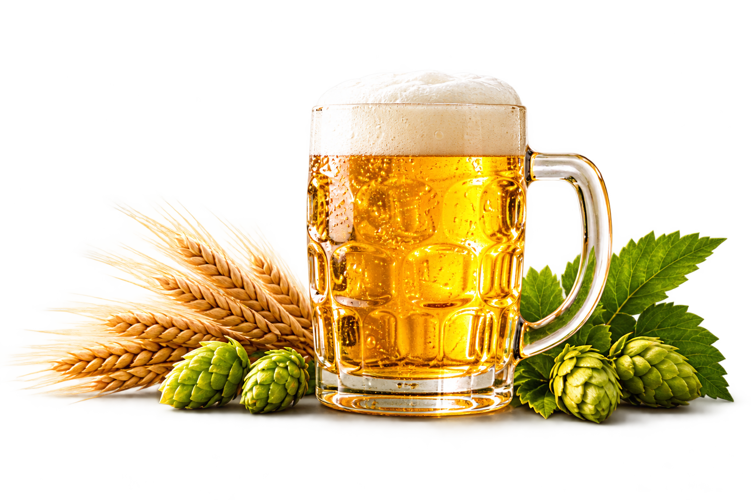 Goldener Bierkrug mit Schaum, Gerste und grünem Hopfen