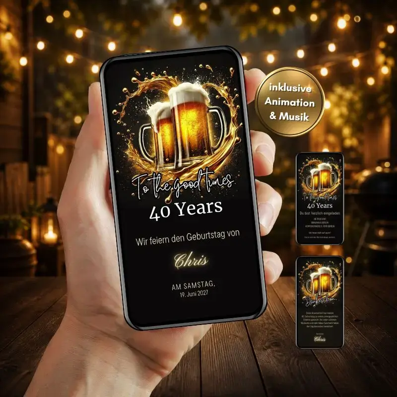 Bier Geburtstag Einladung digital per WhatsApp verschicken: vollständiges Originalmotiv im aufrechten Handyrahmen