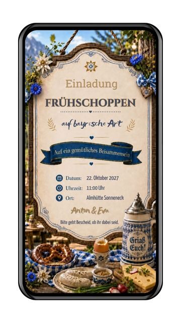 Einladung Frühschoppen Oktoberfest digital per WhatsApp: vollständiges Originalmotiv im aufrechten Handyrahmen