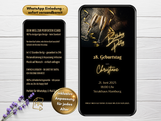 Digitale Einladung zum Champagner-Geburtstag mit goldenen Gläsern und elegantem Schwarz-Gold-Design