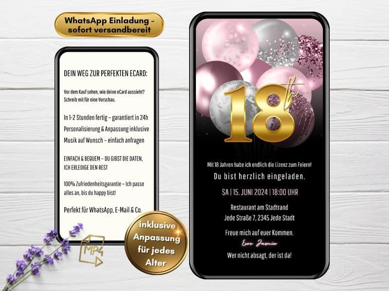Digitale eCard zum 18. Geburtstag mit schimmernden Luftballons, animierten Effekten und personalisierbarer Botschaft – modern, stilvoll und sofort versendbar