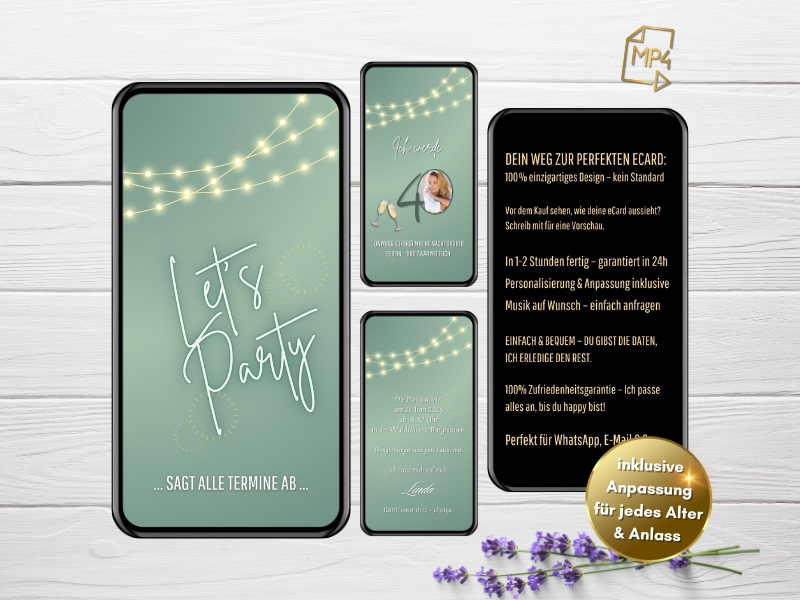 Digitale Einladung zum 40. Geburtstag mit salbeigrünem Hintergrund, goldener Lichterkette, Sektgläsern und dem Spruch: 'Das muss ich erst mal 'ne Nacht drüber feiern – und zwar mit euch.'