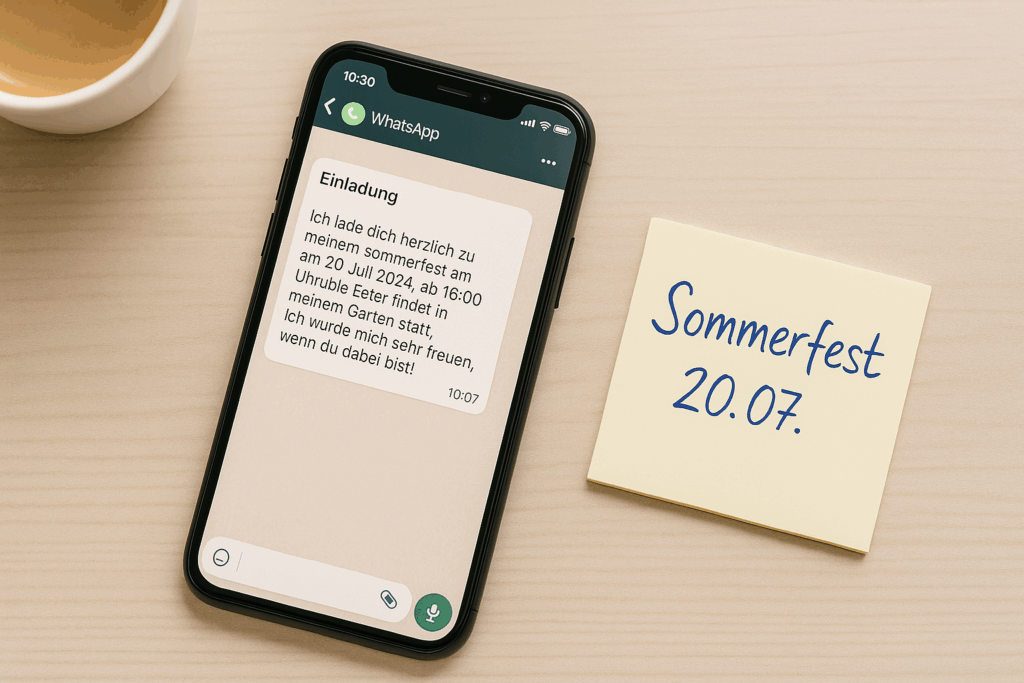 Einladung online gestalten gratis – WhatsApp-Nachricht auf Smartphone neben Notizzettel mit Sommerfest-Datum