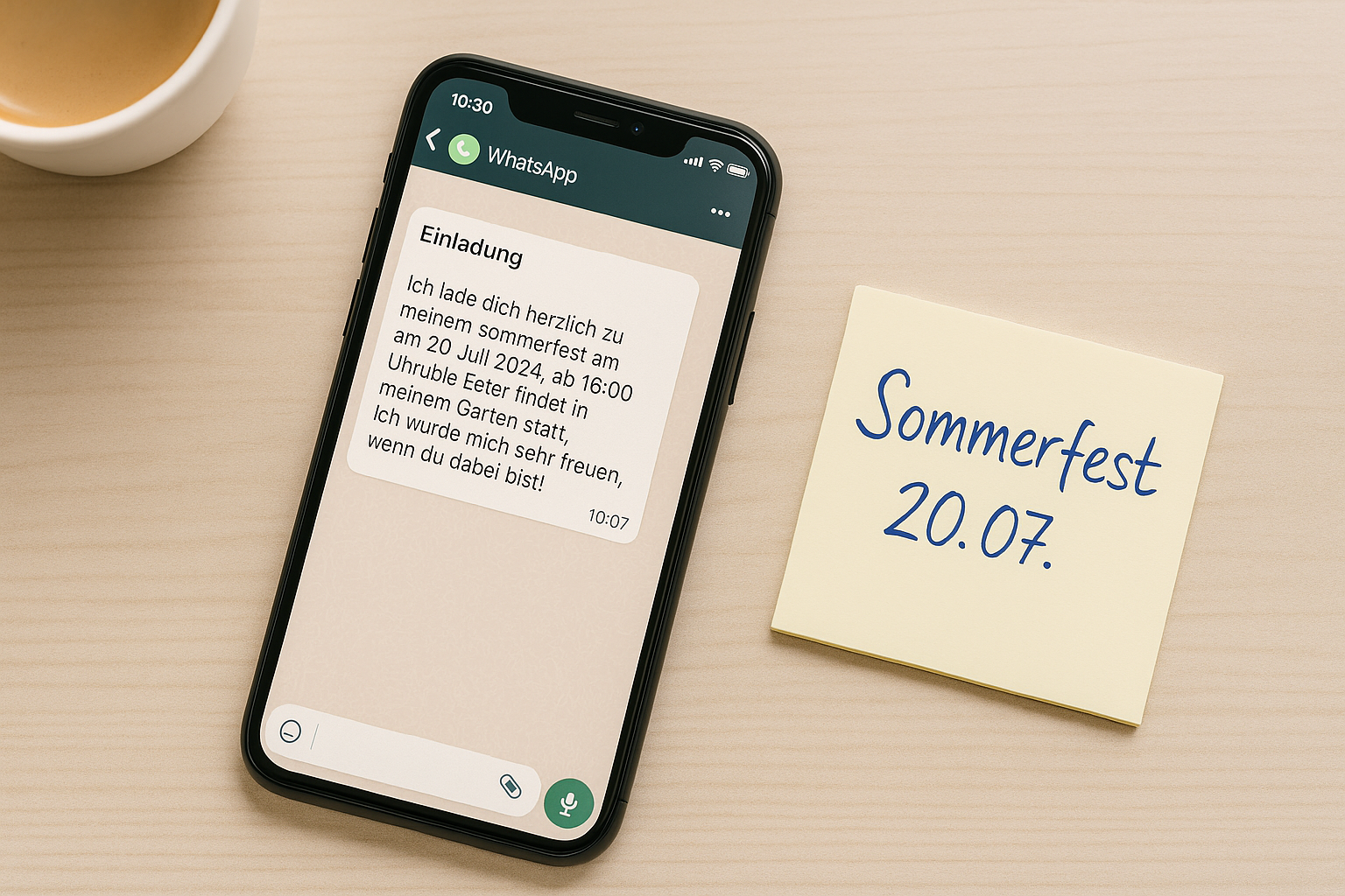 Smartphone mit WhatsApp zeigt Einladungstext für Geburtstagsfeier, daneben liegt handgeschriebener Notizzettel mit Datum und Uhrzeit