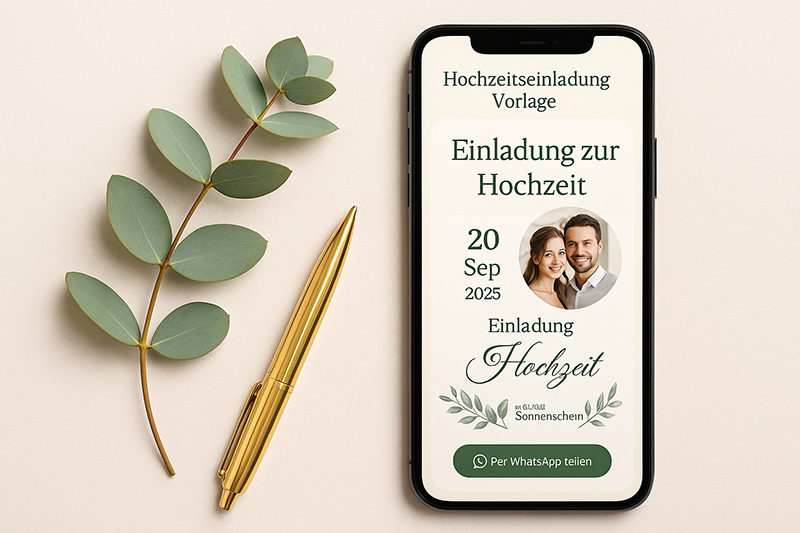 Digitale Hochzeitseinladung Vorlage auf einem Smartphone – daneben Blüten und goldener Stift