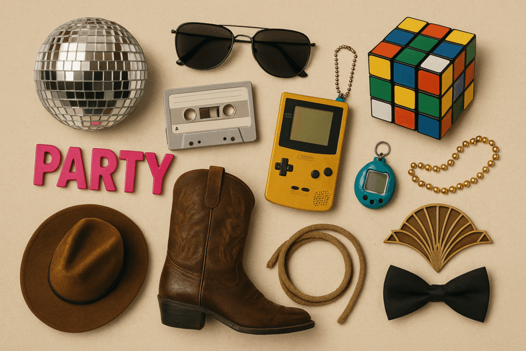 Beispielhafte Darstellung für einen Einladung zur Mottoparty Text mit Symbolen aus verschiedenen Party-Mottos