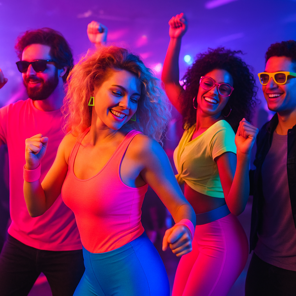 Mottoparty Ideen mit tanzenden Leuten in Neon-Outfits auf einer 80er-Party