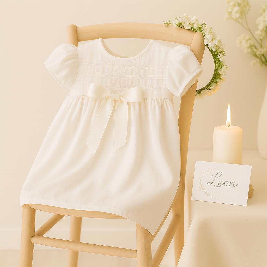 Taufe Text für Karte - Weißes Taufkleid auf hellem Holzstuhl mit Kerze, Blumen und Namenskarte - ein liebevoll arrangiertes Stillleben zur Taufe