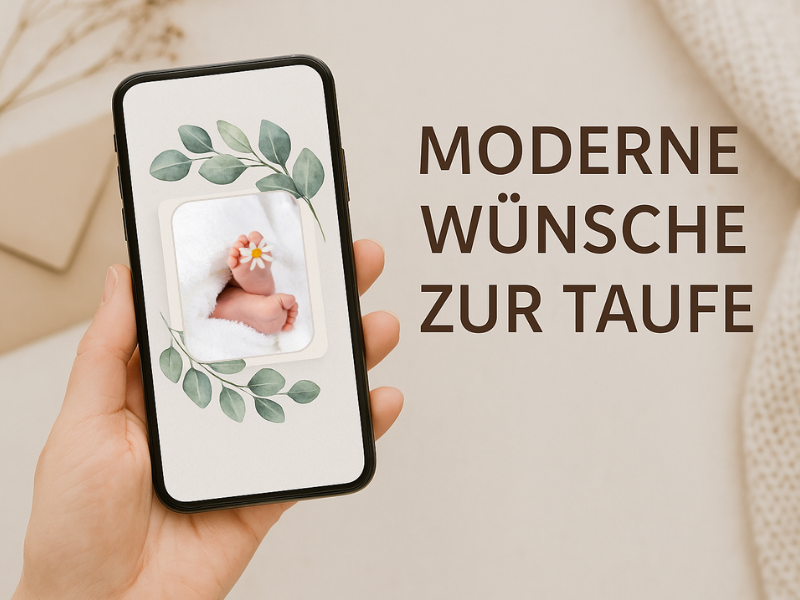 Smartphone mit digitaler Einladung zur Taufe, daneben der Titel: Moderne Wünsche zur Taufe