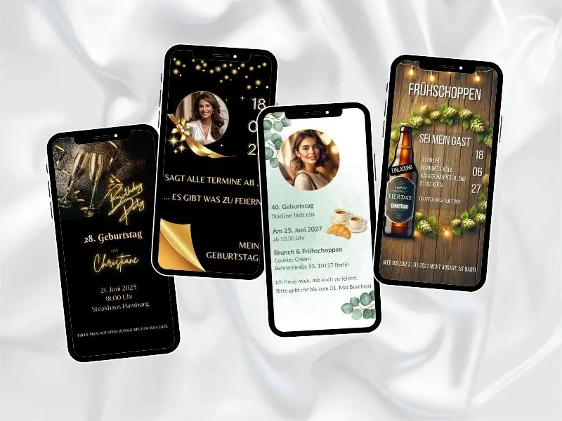 Vier digitale Einladungskarten auf dem Smartphone - individuell gestaltet