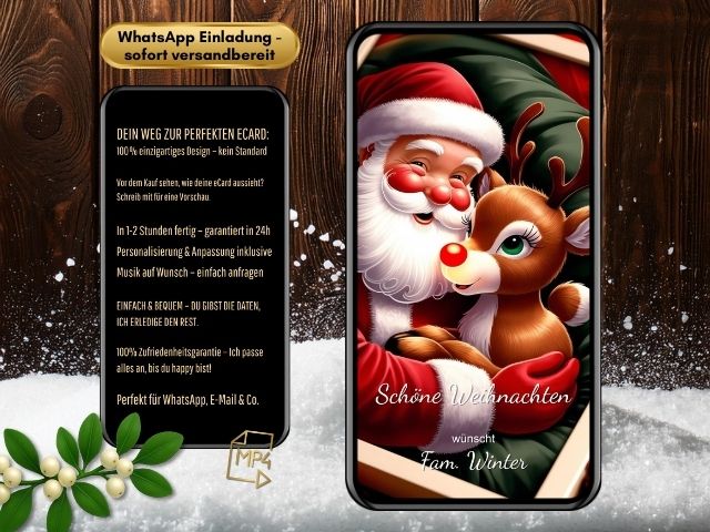 Digitale Weihnachtskarte mit Rentier und Santa im Geschenkrahmen - Szene aus dem animierten eCardino-Video
