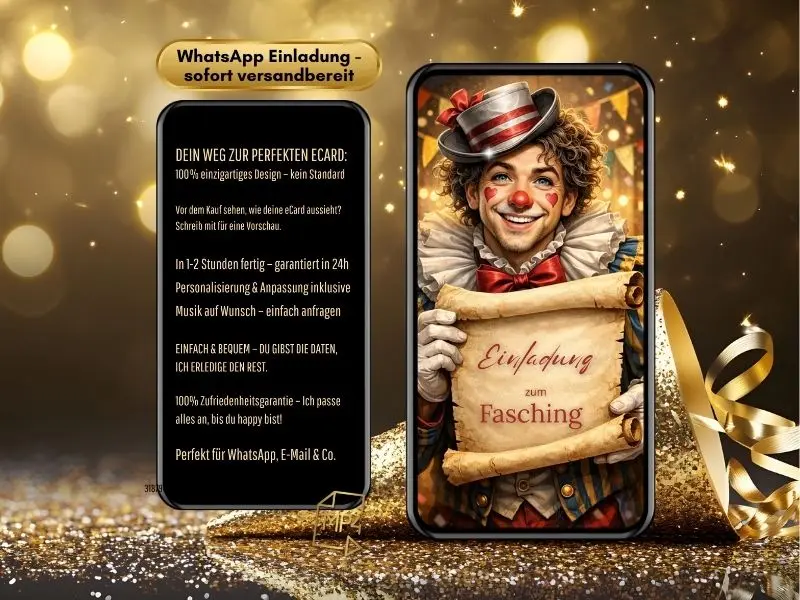 Animierte Einladung zum Fasching mit Konfetti und Karnevalsdeko