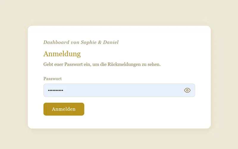 Passwortgeschützte Anmeldung zum privaten Dashboard der Hochzeitswebsite von Sophie und Daniel