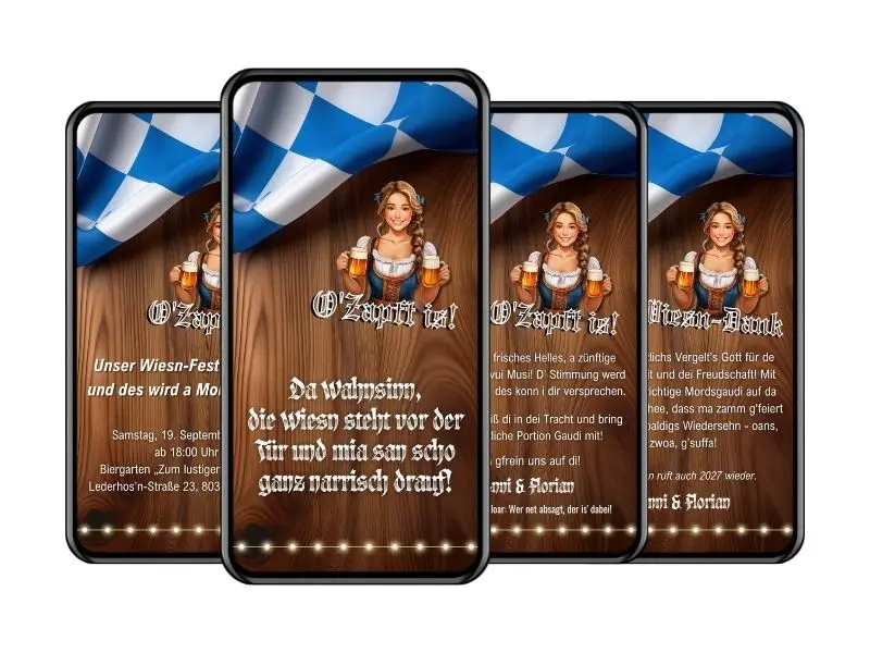 Wiesn Einladung mit O'zapft is, Dirndl, Maßkrügen und Bayernflagge - eCardino