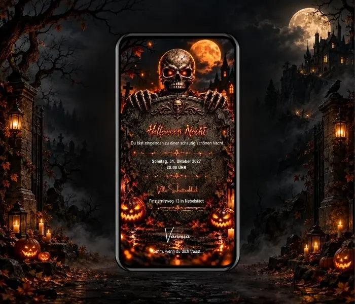 Dark Skull Einladung per WhatsApp mit Totenkopf, Skeletthänden und Grabstein zwischen leuchtenden Kürbissen - eCardino
