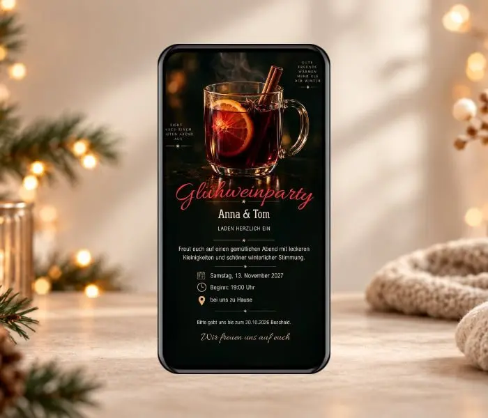 Einladung zum Glühwein mit Glühweinglas, Orange, Zimt, Sternanis und warmen goldenen Akzenten