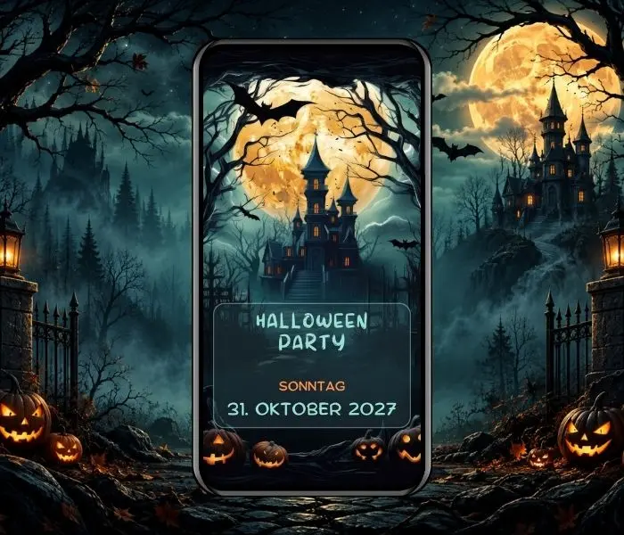Halloween Party Einladung mit Geisterhaus, Vollmond, Fledermäusen und leuchtenden Kürbissen - eCardino