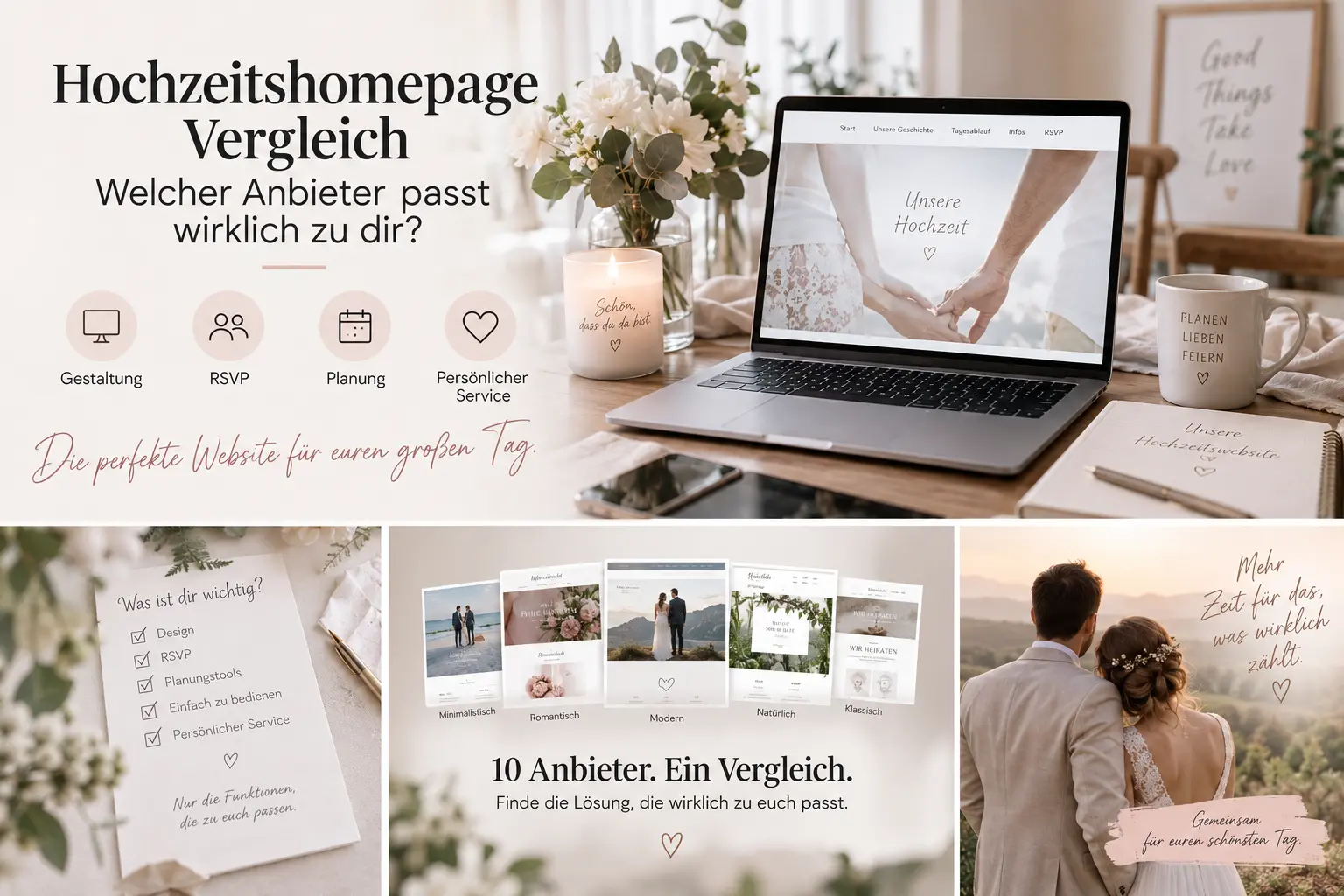 Hochzeitshomepage Vergleich mit verschiedenen Möglichkeiten wie Gestaltung, RSVP, Planung und persönlichem Service - eCardino