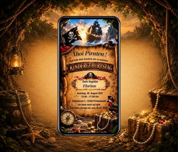 Piraten Kindergeburtstag Einladung mit Schatzkarte, Piratenschiff, Kompass und Schatztruhe - eCardino