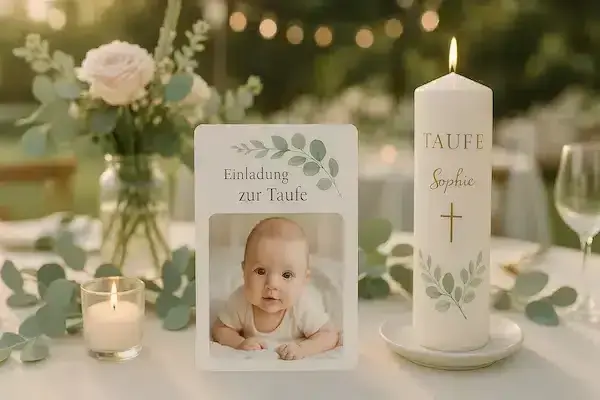 Gedeckter Tisch zur Taufe im Garten mit Taufkerze, Einladung und Eukalyptus-Deko