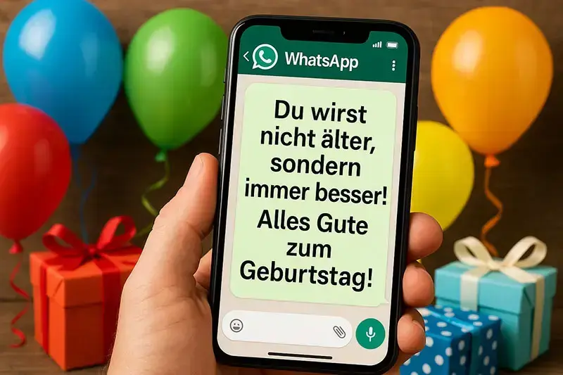 WhatsApp Sprüche Geburtstag auf Smartphone-Display mit bunten Luftballons und Geschenken